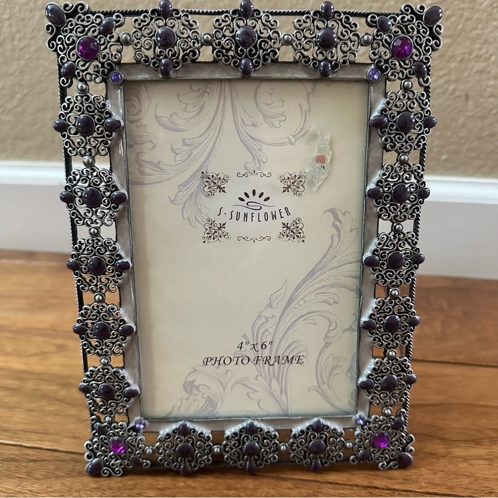 Vintage Embellished Metal Photo Frame 4’ x 6’ silver and purple